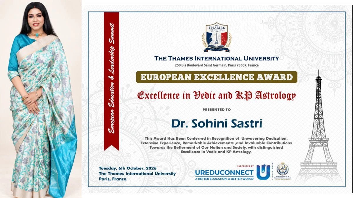 Dr. Sohini Sastri Honoured with the European Excellence Award 2026 for Excellence in Vedic and KP Astrology in Paris